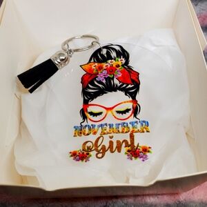7/$10 November Girl, Acrylic Keychain with Tassel, New